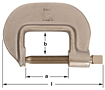 Image of a C-clamp with letters and arrows indicating measurements. The metal-bodied screw clamp features a hand-threaded mechanism. "USA" and "ALBR" are stamped on the upper part of the clamp.